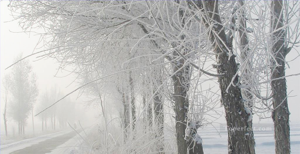 雪の降る田舎のリアルなオリジナル油絵